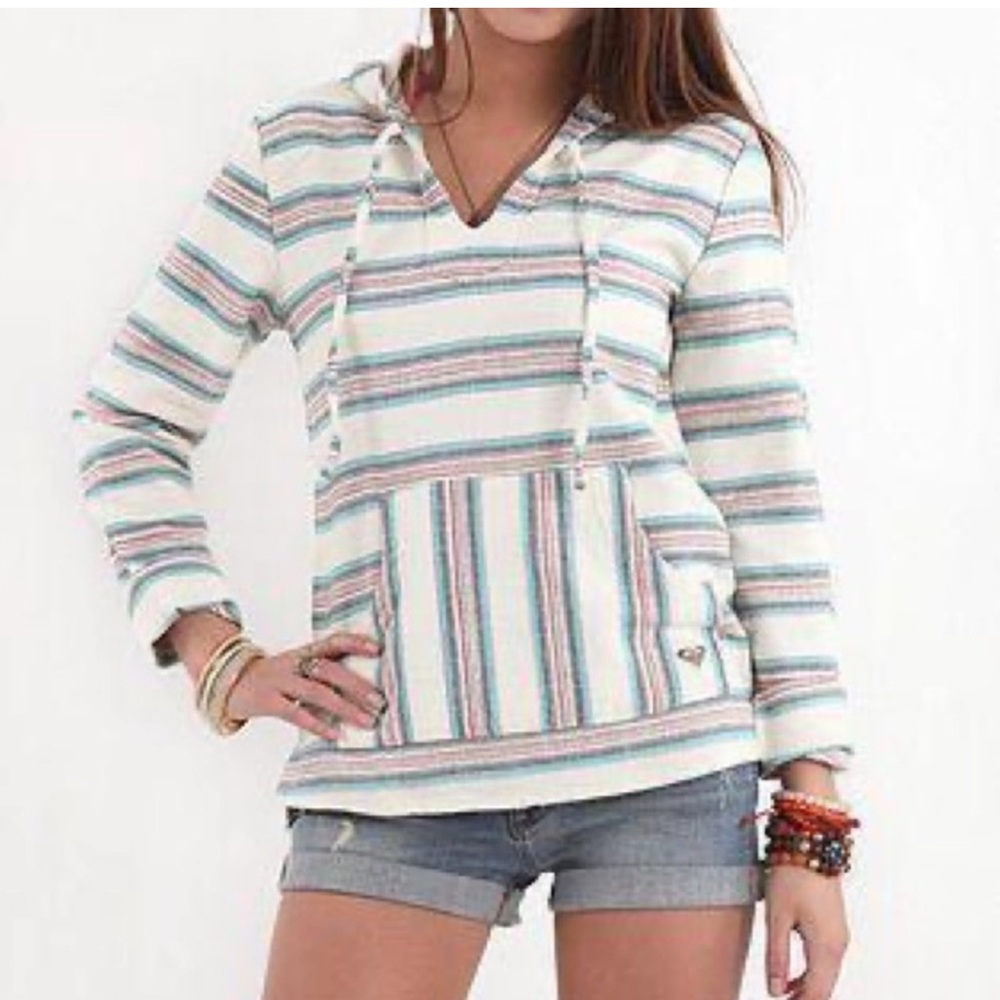 ROXY Hooded Pullover Sweatshirt Size XL white pink blue Baja